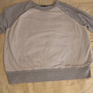 Banana Republic Lady XL Crew Neck Faux Leather Front Gray tiny flaw in mesh